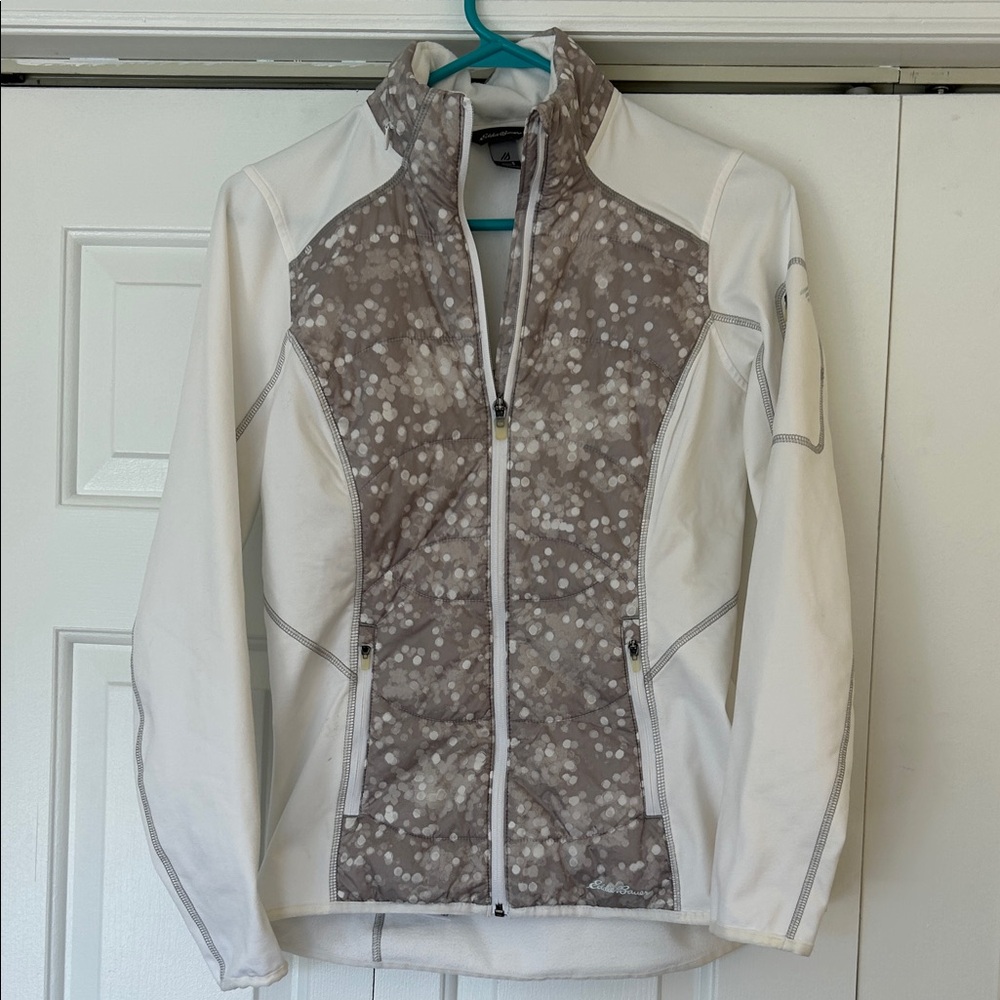 Eddie Bauer White Jacket with Taupe Patterned Front